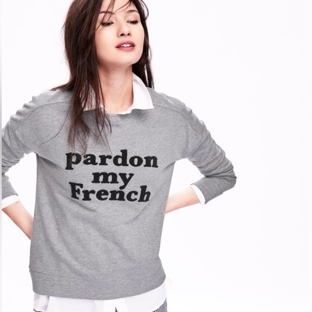 Old Navy gray marled crewneck sweatshirt. Raised black lettering. Graphic print.
